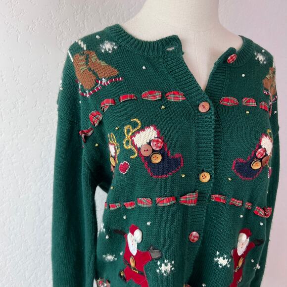 Vintage 90s Christmas Button Up Cardigan Sweater Santa Hearts Green Medium - Picture 2 of 9